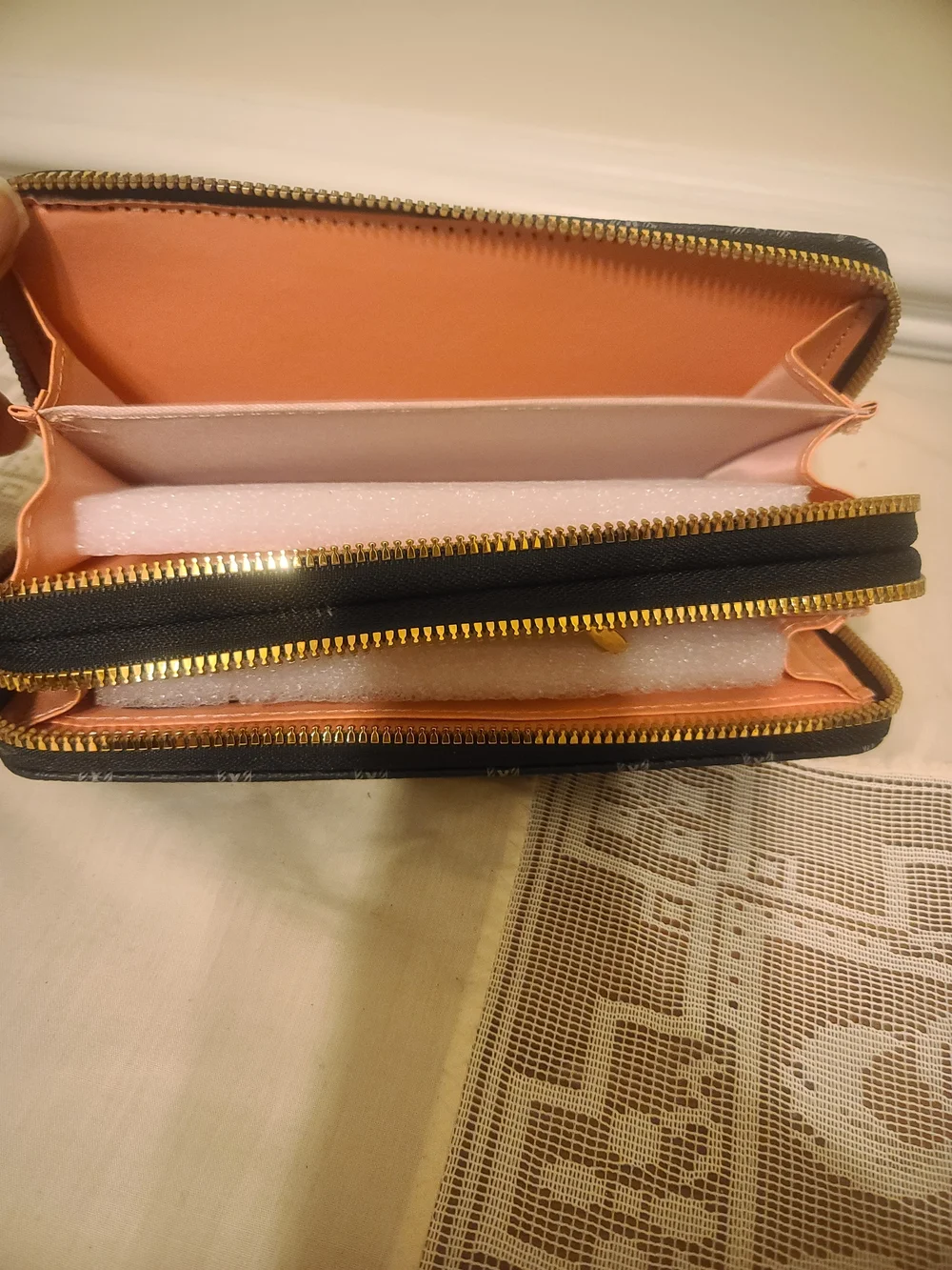 Black Patterned Zip Wallet with Gold Logo
